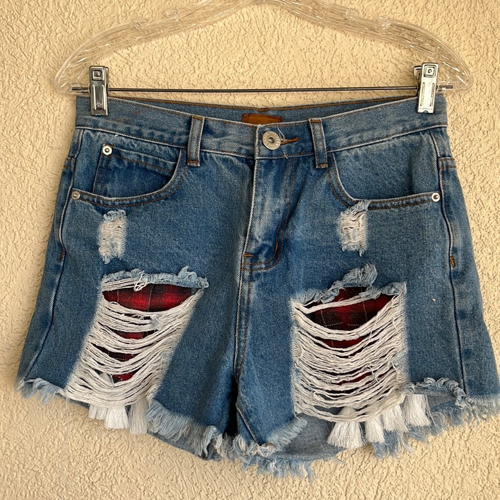 POL denim shorts with plaid flannel inner pockets SIZE S 100% COTTON  90's